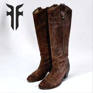Vintage Frye Jackie Button Tall Stacked Heel Brown Leather Cowboy Boots 5.5